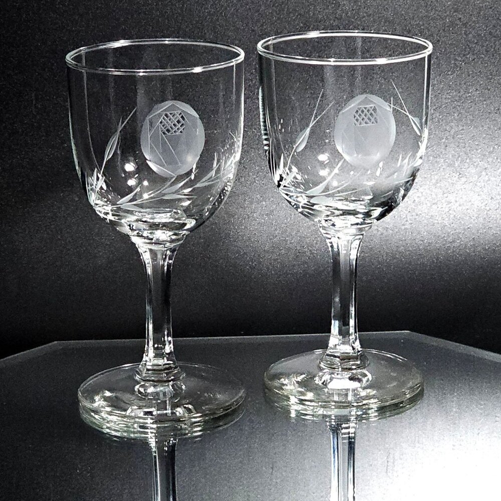 2 Sasaki Rose Wine Cocktail Glasses 4.25" vintage 1940s spiked leaves 3oz